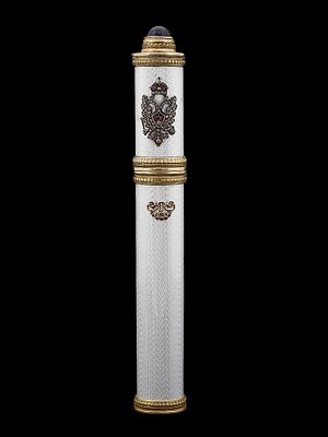 LARGE RUSSIAN SILVER ENAMEL CIGAR CASE W DIAMONDS. The body of the case is covered with white 