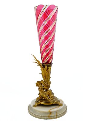 ANTIQUE FRENCH BRONZE ONYX BACARAT STYLE GLASS VASE CENTERPIECE. A fine French epergne or 