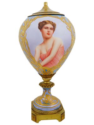 ANTIQUE EUROPEAN ART NOUVEAU URN VASE W PORTRAIT. An antique European Art Nouveau urn vase. The 