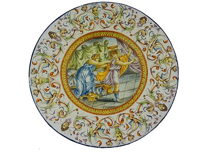 ANTIQUE ITALIAN JUDAICA HAND PAINTED MAJOLICA PLATTER. An antique Italian Judaica Majolica hand 