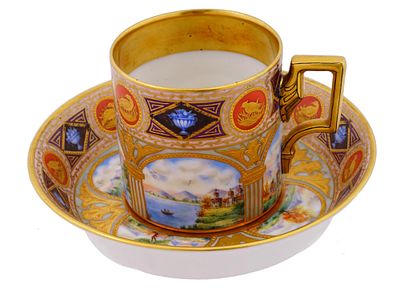 ANTIQUE ROYAL VIENNA PORCELAIN TEA CUP SAUCER SET. An antique Austrian porcelain tea set of a 