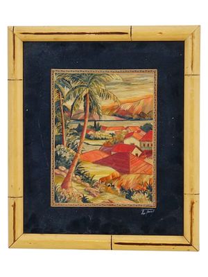 MEXICAN POPOTILLO STRAW MOSAIC ARTWORK BY FCO ARIZA. A vintage Mexican Popotillo straw mosaic 