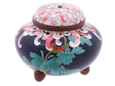 ANTIQUE MEIJI JAPANESE TRIPOD CLOISONNE ENAMEL JAR. An antique Japanese, late Meiji Era, covered 