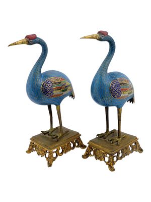 ANTIQUE CHINESE GILT BRONZE AND ENAMEL CRANE FIGURES. A pair of antique Chinese gilt bronze and 