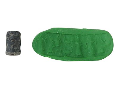 ANCIENT STEATITE INTAGLIO SEAL BEAD W STORY 1000 BC. An ancient carved steatite stone intaglio 