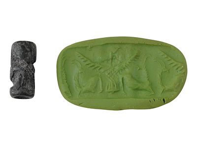 ANCIENT STEATITE SEAL BEAD ENGRAVED W STORY 1000 BC. An ancient hand carved steatite cylinder 