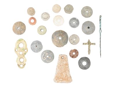 ANCIENT STONE SPINDLE WHORLS CROSS THIMBLES 200 BC AND LATER. A group of ancient stone and metal 