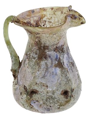ANCIENT ROMAN GLASS OINOCHOE JUG 100 TO 300 AD. An ancient Roman glass oinochoe jug or pitcher 