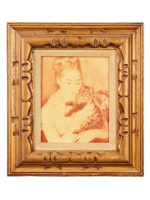 PRINT ON CANVAS PORTRAIT OF A YOUNG GIRL WITH A CAT. A print on canvas, likely dating from the 