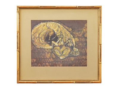 MID CENTURY PRINT ON SILK ABSTRACT YELLOW CAT. A mid-century print on silk, likely dating to the 