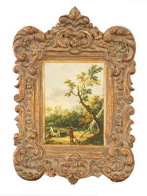 VTG PRINT OF LANDSCAPE HUNTING SCENE W ORNATE FRAME. A vintage print depicting a landscape 