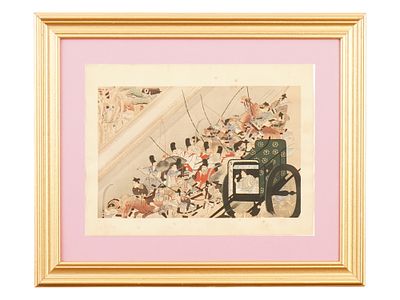 JAPANESE WOODBLOCK OF MEDIEVAL BATTLE SCENE. A Japanese color woodblock print on paper. The 