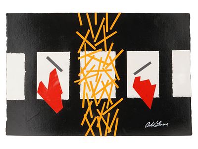 ABSTRACT COLLAGE SIGNED ANDI LANBEX. An abstract collage with black, white, red, and orange 