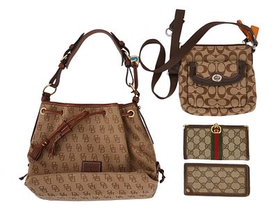 LOT OF LUXURY BRAND GUCCI BAGS WALLET EYEWEAR CASE. A collection of bags, a wallet, and a case. 