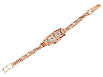 KINGSTON 14K GOLD DIAMONDS RUBIES WOMENS WATCH. A vintage ladies wristwatch by Kingston. 17 