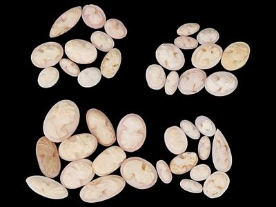 COLLECTION OF ANTIQUE PORTRAIT CARVED SHELL CAMEOS. A collection of forty antique hand carved 