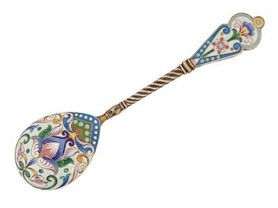 RUSSIAN 84 GILT SILVER CLOISONNE ENAMEL TEA SPOON. A Russian 84 gilt silver and enamel tea 