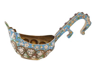 RUSSIAN GILT SILVER CLOISONNE ENAMEL KOVSH LADLE. A Russian gilt silver kovsh, a traditional 