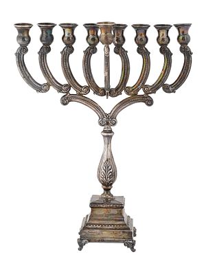 ANTIQUE JUDAICA ST SILVER HANUKKAH LAMP MENORAH. An antique 925 sterling silver nine-branch 