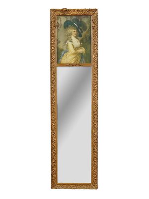 VINTAGE MIRROR IN GILT WOOD FRAME W PORTRAIT PRINT. A vintage European mirror. Presented in a 