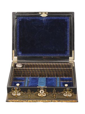 VTG STATIONERY BOX WITH INK BOX SMALL SCISSORS AND BOOK. A vintage stationery box. The box is 