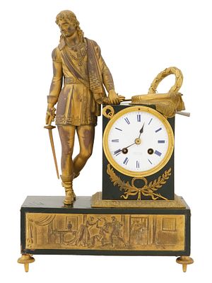 ANTIQUE FRENCH BRONZE MANTEL CLOCK BY STEVENARD. An antique French Neoclassical gilt bronze 