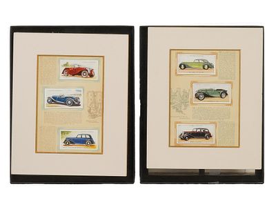 VINTAGE BRITISH TOBACCO MOTOR CAR CIGARETTE CARDS. A pair of displays featuring vintage motor 