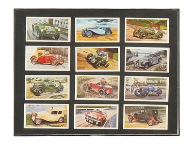 LOT OF TRADING CARDS WITH RETRO RACING CARS FRAMED. A group of 12 trading cards featuring color 