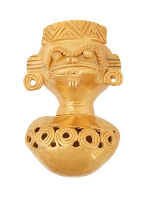 ANCIENT PRE COLUMBIAN TAIRONA TUMBAGA BOSS PENDANT. An ancient Pre-Columbian pendant attributed 