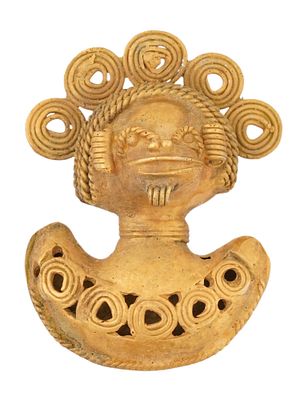 PRE COLUMBIAN TUMBAGA SHAMAN GILT METAL PENDANT. A Pre Columbian Tairona tumbaga gilt metal 