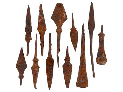 ANCIENT GRECO ROMAN IRON ARROWHEADS 500BC TO 300AD. A collection of 11 ancient Greco Roman iron 