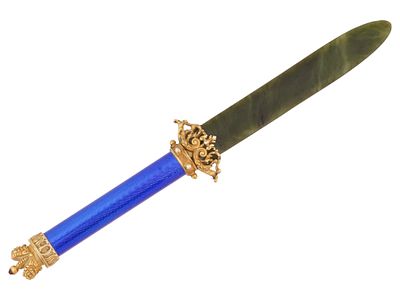 RUSSIAN GILT SILVER ENAMEL JADE RUBY LETTER OPENER. A Russian gilt silver letter opener with a 