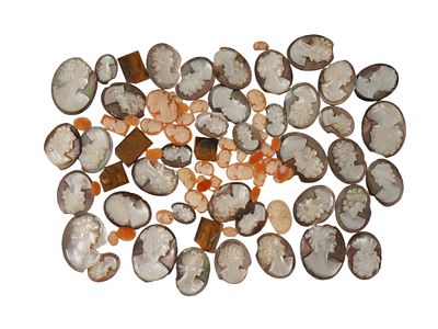 COLLECTION OF 91 ANTIQUE HAND CARVED BROKEN CAMEOS. A collection of 91 antique hand-carved 