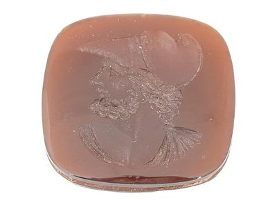 ROMAN MANNER WARRIOR PORTRAIT CARVED STONE INTAGLIO. A rectangular shaped carved stone intaglio. 