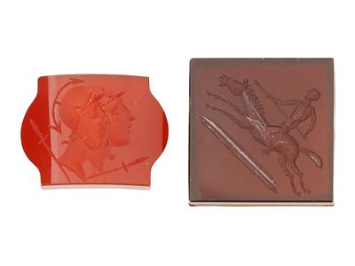 PAIR OF VINTAGE HAND CARVED CARNELIAN CAMEOS. A pair of vintage hand-carved carnelian cameos of 