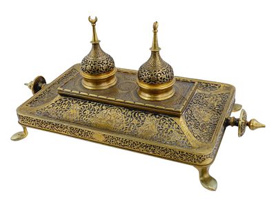 ANTIQUE FRENCH 19TH C PERSIAN MANNER BRONZE INKWELL. An antique French bronze inkwell influenced 
