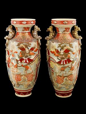PAIR OF LARGE JAPANESE MEIJI ERA SATSUMA FLOOR VASES. A pair of large antique Japanese Satsuma 