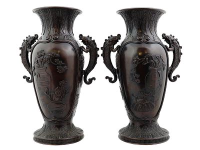 ANTIQUE JAPANESE MEIJI BRONZE BASES W DRAGON HANDLES. A pair of antique Japanese Meiji era 