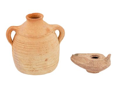 ANCIENT BYZANTINE EMPIRE TERRACOTTA OIL LAMP AND JAR. An Ancient Byzantine Empire terracotta 