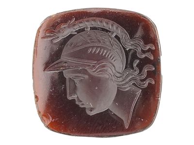 ROMAN INTAGLIO MINERVA GODDESS CARVED FROM CARNELIAN. A Roman intaglio carved from carnelian 