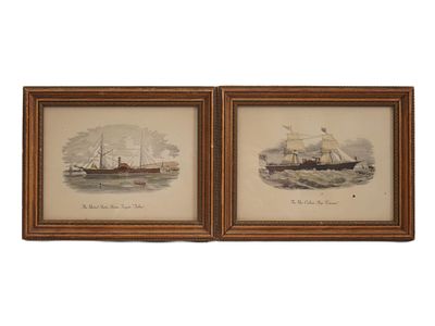 ANTIQUE AMERICAN HAND COLORED ENGRAVINGS OF STEAMSHIPS. A pair of antique, hand-colored aquatint 