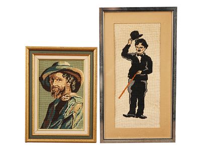 VINTAGE EMBROIDERY WORKS CHARLIE CHAPLIN BEARDED MAN. Two vintage embroidery works. One depicts 