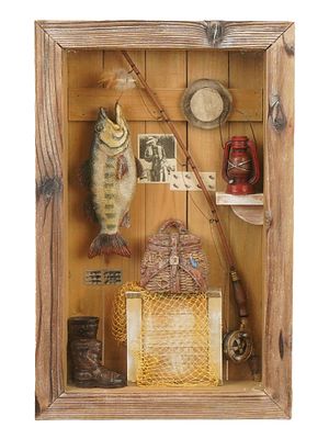FISHING MEMORABILIA IN WOODEN BOX ARTWORK DECOR. A shadow box decor depicting various 
