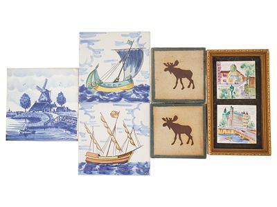 VINTAGE EUROPEAN HAND PAINTED DECORATIVE TILES. A group of six vintage European hand painted 
