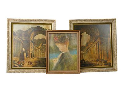 FRAMED PRINTS AFTER HUBERT ROBERT AND GENTILINI. A group of three prints. Two larger prints on 