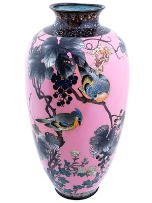 LARGE JAPANESE MEIJI CLOISONNE ENAMELED VASE W BIRDS. A large Japanese Meiji period cloisonne 