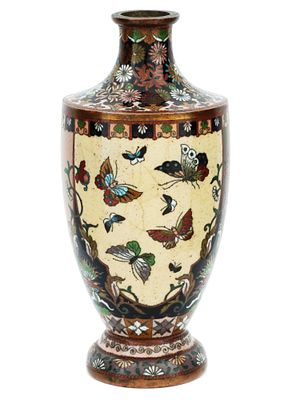 JAPANESE BUTTERFLY CLOISONNE ENAMEL OVER COPPER VASE. A vintage Japanese urn shaped enamel over 