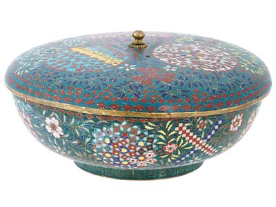 ANTIQUE JAPANESE EDO CLOISONNE FOOD CONTAINER. An antique Japanese brass enamel ceremonial food 