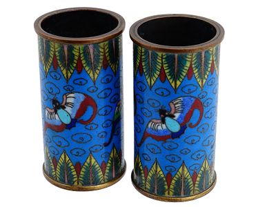 ANTIQUE CHINESE QING ERA CLOISONNE ENAMELED BRUSH POTS. A pair of antique Chinese Late Qing Era 