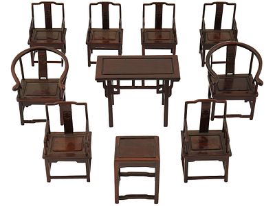 CHINESE WOODEN CHAIRS AND TABLE FOR DOLL HOUSE. A set of miniature Chinese wooden furniture 